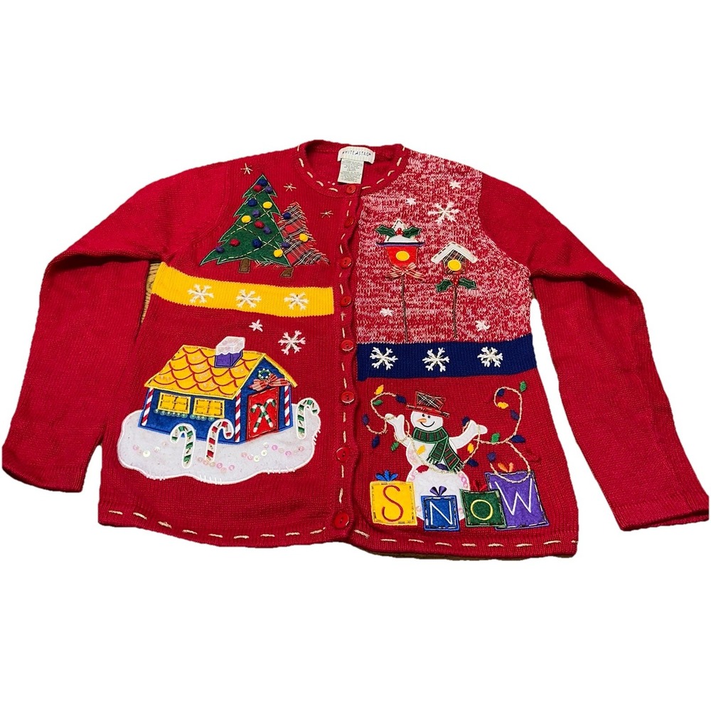 Vintage‎ White Stage Red Christmas Button Up Cardigan Sweater Snowman Women's M